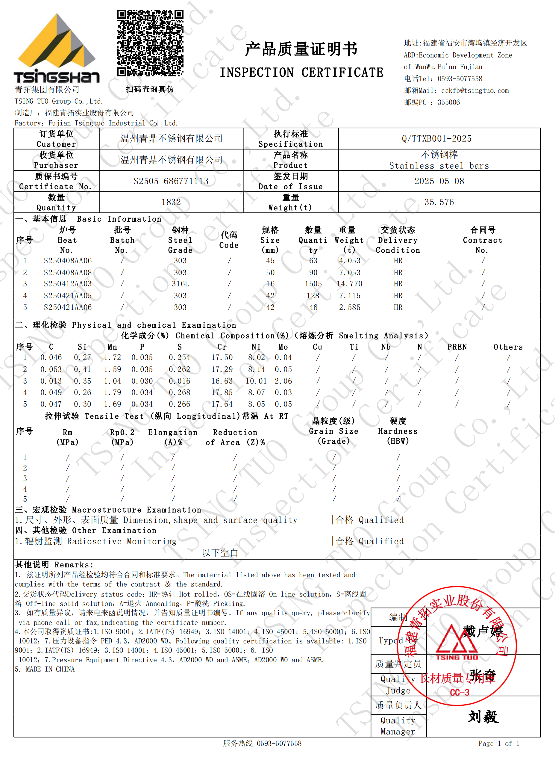 INSPECTION CERTIFICATE INSPECTION CERTIFICATE