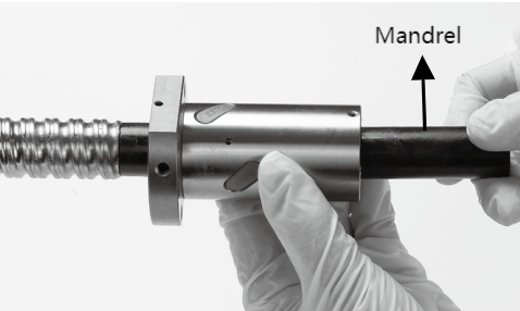 Make sure that the axis of themandrel coincides with the center line of the ball screw. Tilting can cause the ball to be misaligned or even jam the circulation system.
